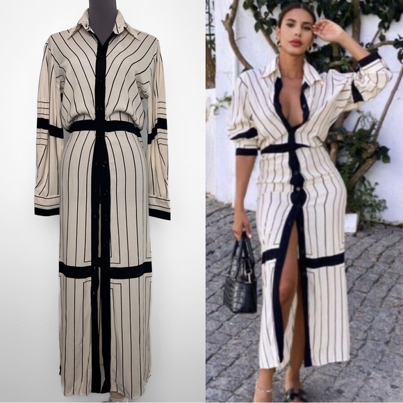 Zara Dresses & Skirts - Zara Ecru Cream & Black Striped Geometric Shirt Dress - Long Sleeve Maxi XS